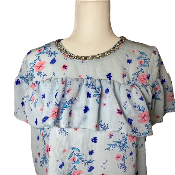 Juicy Couture Top Medium Rain Floral Ruffle Blouse Rhinestone Neck - Picture 6 of 15